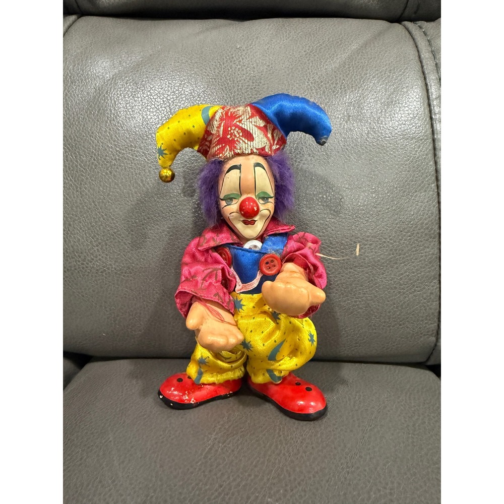 Vintage Jester‎ Clown Doll Hand Painted Face Celestial Moon Star Outfit 6.5 Inch